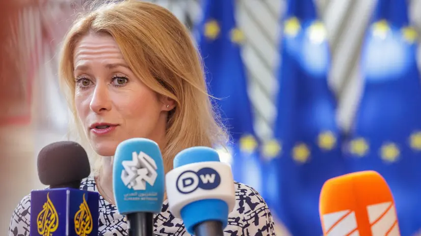epa12238557 EU High Representative and Vice-President for Foreign Affairs and Security Policy, Kaja Kallas, speaks with journalists at a Foreign Affairs Council at the EU Council in Brussels, Belgium, 15 July 2025. EPA/OLIVIER MATTHYS