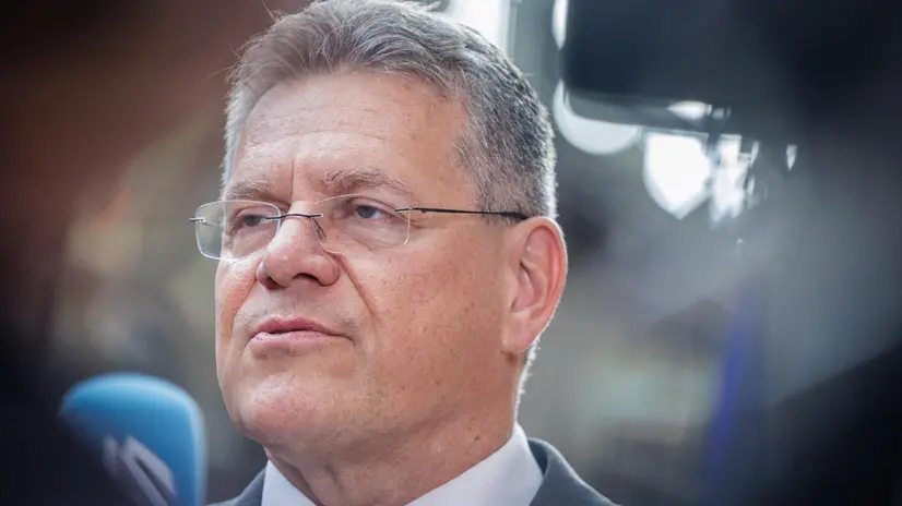 epa12237141 Maros Sefcovic, EU Commissioner for Trade and Economic Security, Inter-institutional Relations and Transparency, speaks at the press point prior to chairing the Foreign Affairs Council (Trade) in Brussels, Belgium, 14 July 2025. EPA/OLIVIER MATTHYS