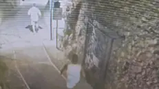 Fermo immagine da video di telecamera di sorveglianza che ritrae due giovani in fuga dopo aver scippato un componente della Camera dei Lord del Regno Unito, il barone Ara Darzi del Partito laburista, di un orologio del valore di circa 300mila euro in via Vittorio Emanuele a Capri, 14 luglio 2025. ANSA/Giuseppe Catuogno