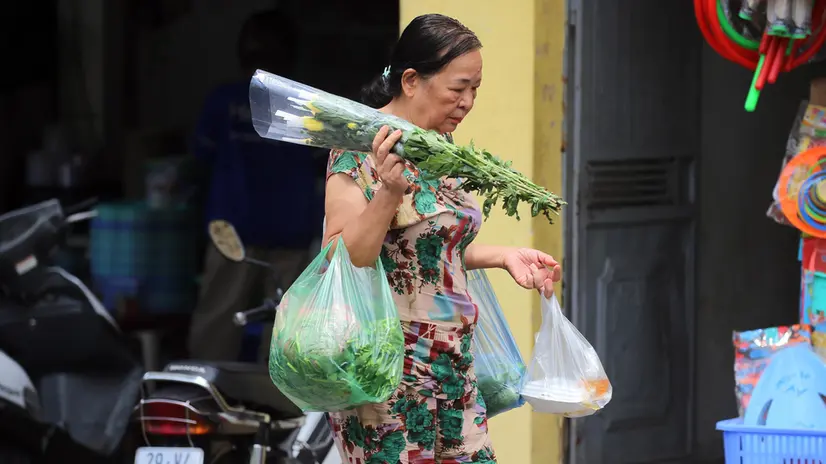 epa12240295 A woman carries items in plastic bags as she walks at a street market in Hanoi, Vietnam, 16 July 2025. Hanoi will ban the use of plastic bags, foam food containers and non-biodegradable plastic items at markets and convenience stores from the beginning of 2028, according to a recent regulation passed by the Hanoi People's Council. EPA/LUONG THAI LINH