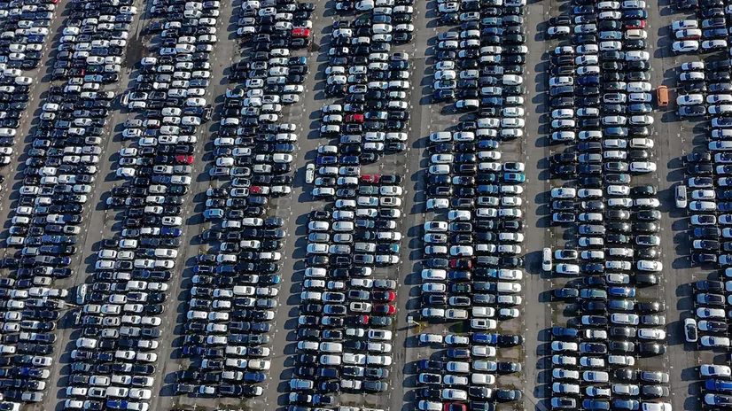 epa11872967 An aerial drone view of numerous new cars parked at a car logistics terminal in Essen, Germany, 03 February 2025. According to GTPA (Global Trade Analysis Project) analysis, potential US tariffs of 25 percent on EU car imports could decrease German car exports by 7.1 percent. EPA/FRIEDEMANN VOGEL