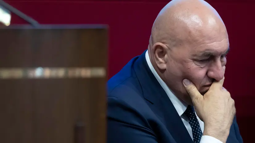 Il ministro della difesa Guido Crosetto, durante la presentazione del rapporto sulla sicurezza della fondazione Futuri Probabili. Roma, 16 giugno 2025 ANSA/MASSIMO PERCOSSI