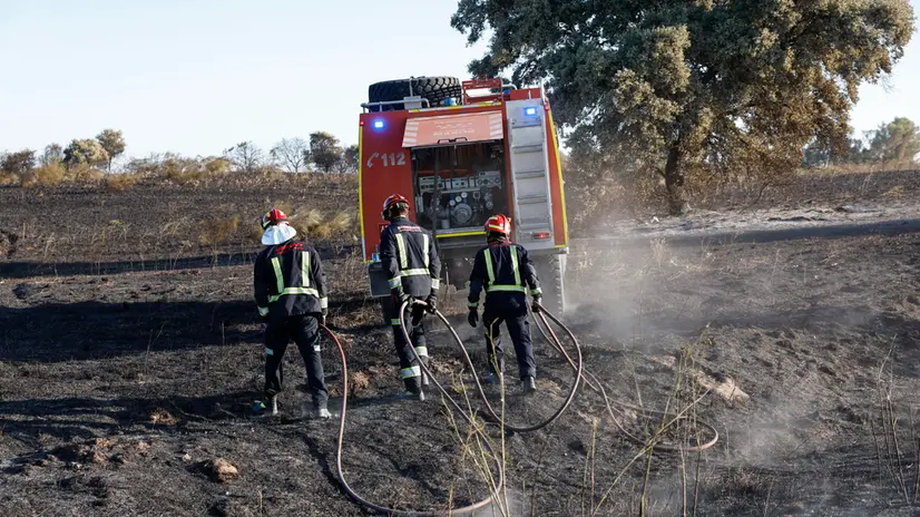 epa12244556 Firefighters work to extinguish the embers of a fire that has affected the towns of Navalcarnero and Villamanta, Madrid, Spain, 18 July 2025. The fire broke out in Mentrida, Toledo, on 17 July and has so far burned more than 3,000 hectares. EPA/CHEMA MOYA