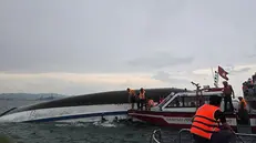 epa12247599 A handout photo made available by Vietnam News Agency shows rescuers searching for victims after a tourist boat capsized in Ha Long Bay, Quang Ninh province, Vietnam, 19 July 2025. At least 18 people died and several are missing after a tourist boat carrying 53 people onboard capsized in Ha Long Bay on 19 July, according to state media. EPA/VIETNAM NEWS AGENCY /HANDOUT VIETNAM OUTHANDOUT EDITORIAL USE ONLY/NO SALES
