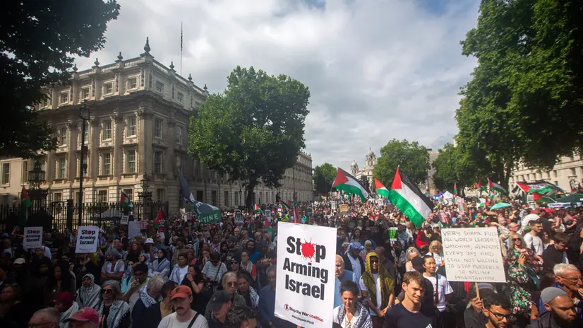 epa12247703 Pro Palestine protesters take part in the 'National March for Palestine' in London, Britain, 19 July 2025. The protest calls for an arms embargo and sanctions on Israel from the British government amid the ongoing conflict in Gaza. EPA/TAYFUN SALCI
