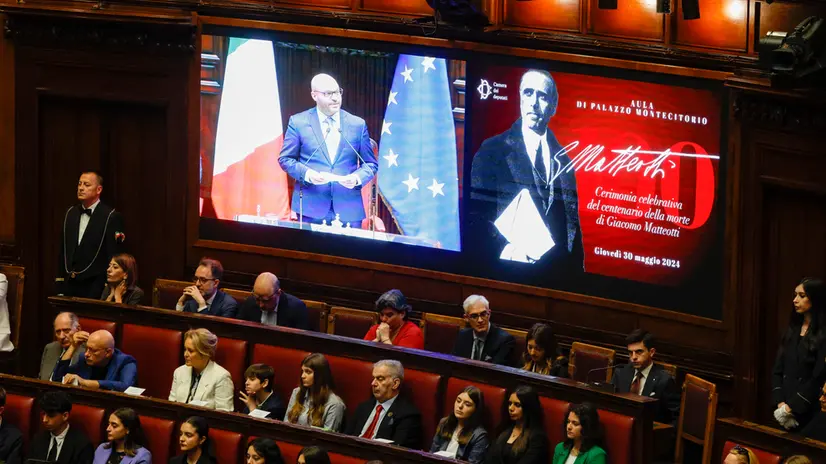Cerimonia commemorativa su Giacomo Matteotti, Camera dei Deputati, Roma 30 maggio 2024. A cento anni dal discorso del 30 maggio 1924, in cui Giacomo Matteotti denuncio’ nell’aula della Camera le violenze fasciste alle elezioni del 6 aprile di quell'anno. ANSA/FABIO FRUSTACI