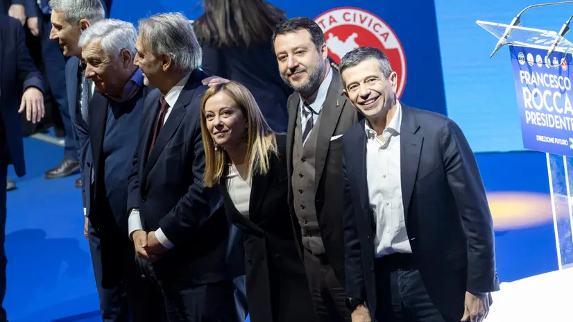 Antonio De Poli, il ministro degli esteri Antonio Tajani, il presidente del consiglio Giorgia Meloni, il ministro all’infrastrutture e dei trasporti Matteo Salvini, Maurizio Lupi, alla chiusura della campagna elettorale del candidato del centro destra Francesco Rocca in corsa per la presidenza della regione Lazio. Roma 5 febbraio 2022 ANSA/MASSIMO PERCOSSI