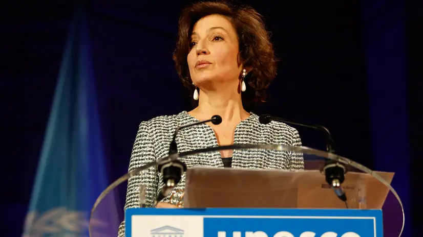 epa11974302 UNESCO Director-General Audrey Azoulay speaks during a tribute to the late Director-General Federico Mayor Zaragoza at the United Nations Educational, Scientific and Cultural Organization (UNESCO) headquarters in Paris, France, 19 March 2025. Federico Mayor Zaragoza passed away on 19 December 2024, at the age of 90. He served as Director-General of the United Nations Educational, Scientific and Cultural Organization (UNESCO) from 1987 to 1999. EPA/MOHAMMED BADRA