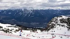 epa11909704 Romed Baumann of Germany in action during a training session for the men's Downhill race at the FIS Alpine Skiing World Cup in Crans-Montana, Switzerland, 20 February 2025. EPA/JEAN-CHRISTOPHE BOTT