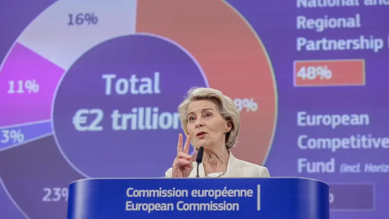 La presidente von der Leyen presenta il bilancio per il periodo 2028-2034 - Epa/Olivier Matthys