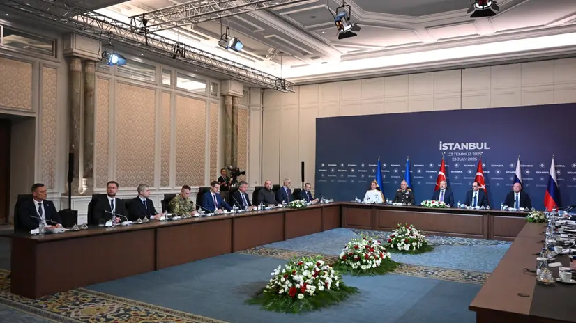 epa12256590 A handout photo made available by the Turkish Foreign Ministry press office shows Turkish Foreign Minister Hakan Fidan (C), Chief of the Turkish General Staff Metin Gurak (C-L) and Director of the National Intelligence Organization of Turkey Ibrahim Kalin (C-R) along with other Turkish officials attending a new round of peace talks between delegations from Russia and Ukraine, at at Ciragan Palace in Istanbul, Turkey, 23 July 2025. EPA/MUHAMMED KURTAR HANDOUT HANDOUT EDITORIAL USE ONLY/NO SALES