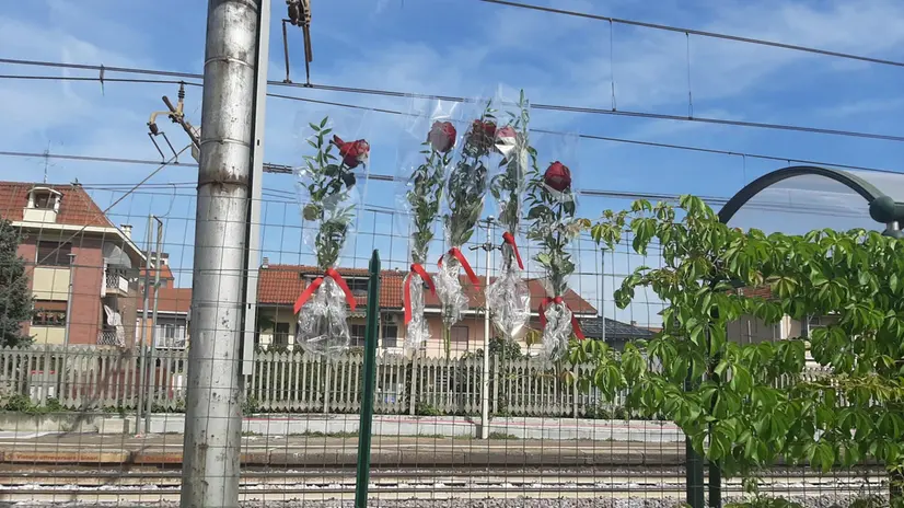 Cinque rose sulla rete dei binari a Brandizzo dove cinque operai sono stati travolti da un treno mentre lavoravano sui binari a Brandizzo, nel Torinese, 3 settembre 2023. ANSA/ CLAUDIA TOMATIS