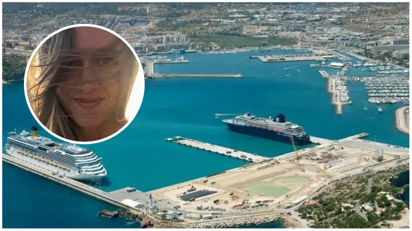 Il porto di Ibiza e, nel tondo, Francesca Ariazzi
