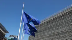 epa12169653 EU flags fly at half-mast to pay tribute to the victims of a school shooting incident in Austria, in Brussels, Belgium, 11 June 2025. At least 10 people died as a result of a school shooting in Graz, Austria, on 10 June, while the shooter took his own life, authorities confirmed. EPA/OLIVIER HOSLET