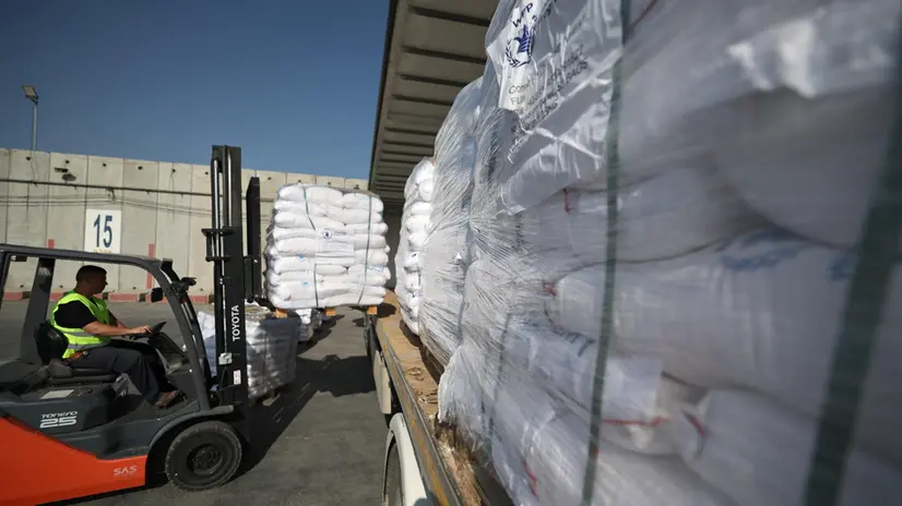 epa12124579 Pallets of food items are loaded onto a truck as they wait to enter the Gaza Strip at the Kerem Shalom crossing, in southern Israel, 22 May 2025. According to the UN half a million people, or one in five people in the Strip are facing starvation while the entire population of the Gaza Strip continues to face a critical risk of famine following 19 months of conflict, mass displacement and severe restrictions on humanitarian aid. EPA/ATEF SAFADI