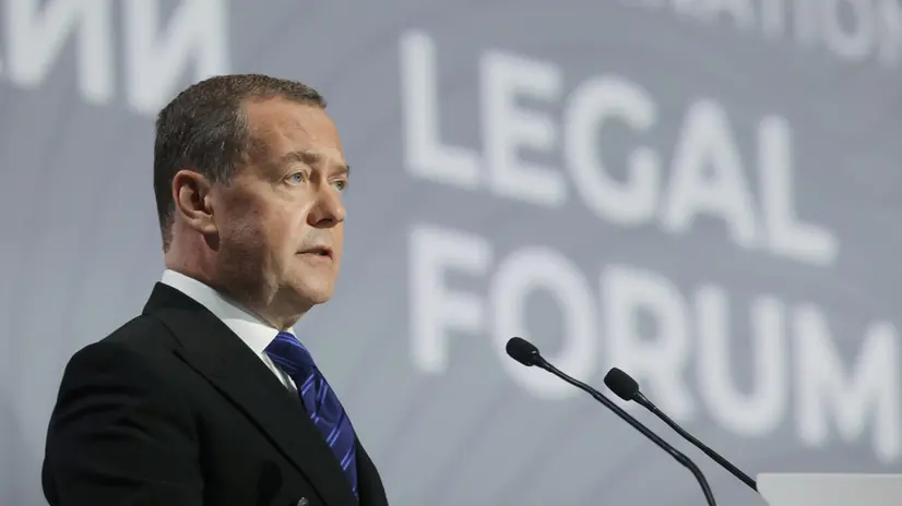 epa12120769 Deputy Chairman of the Russian Security Council Dmitry Medvedev speaks during a plenary session 'The Law: Lessons of the Past for the World of the Future' of the 13th St. Petersburg International Legal Forum (SPILF) at the ExpoForum Convention and Exhibition Centre in St. Petersburg, Russia, 20 May 2025. EPA/EKATERINA SHTUKINA / SPUTNIK / GOVERNMENT PRESS SERVICE / POOL MANDATORY CREDIT