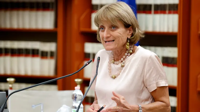 Noemi Di Segni, Presidente Unione Comunita’ Ebraiche Italiane durante il convegno Antisemitismo e antisionismo due facce della stessa medaglia, Roma 18 luglio 2025. ANSA/FABIO FRUSTACI