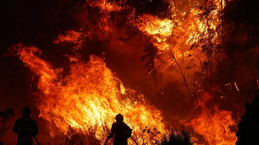 epa10789285 AFirefighters work to put out the flames in the municipality of Odemira, 07 August 2023. The fire, which broke out in the Baiona area, in the parish of São Teotónio, 05 August, has already forced the evacuation of four locations in the municipality of Odemira (Vale dos Alhos, Vale de Ãgua, Choça dos Vales and Relva Grande) and a rural tourism unit. EPA/LUIS FORRA