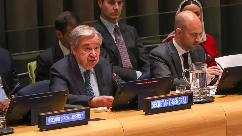 epa12268861 Secretary-General of the United Nations Antonio Guterres (L) speaks during a conference on the two-State solution to the Israeli-Palestinian conflict, at the United Nations (UN) headquarters in New York, New York, USA, 28 July 2025. EPA/SARAH YENESEL