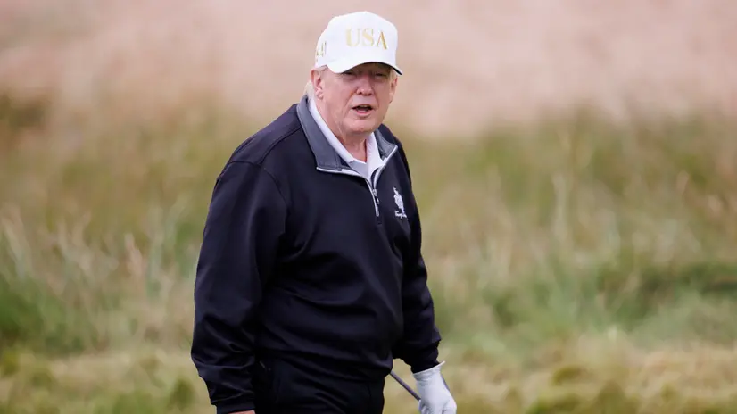 epa12270540 US President Donald J. Trump plays golf at the opening ceremony for the Trump International Golf Links in Balmedie, Scotland, Britain, 29 July 2025. This is the final day of the private visit to Scotland by President Trump. EPA/TOLGA AKMEN