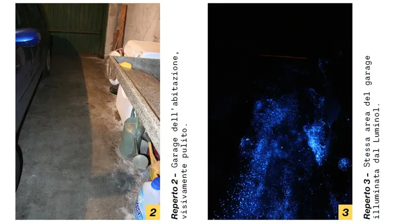 Il garage della villetta dei Donegani e, a destra, la reazione del luminol - Dalla mostra «Delitti bresciani» per i vent'anni della Sis