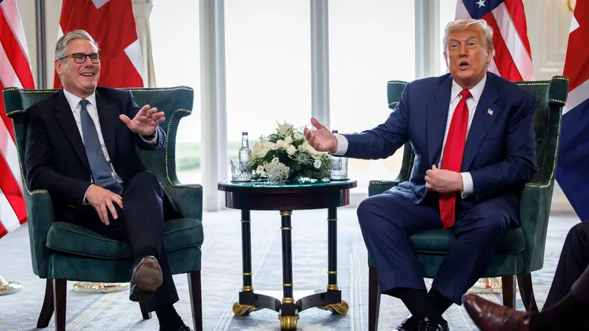 epa12269109 British Prime Minister Keir Starmer (L) and US President Donald J. Trump meet and speak to the media at the Trump Turnberry golf resort in Turnberry, Scotland, Britain, 28 July 2025. President Trump is on a private trip to Scotland to visit his golf courses. EPA/TOLGA AKMEN / POOL