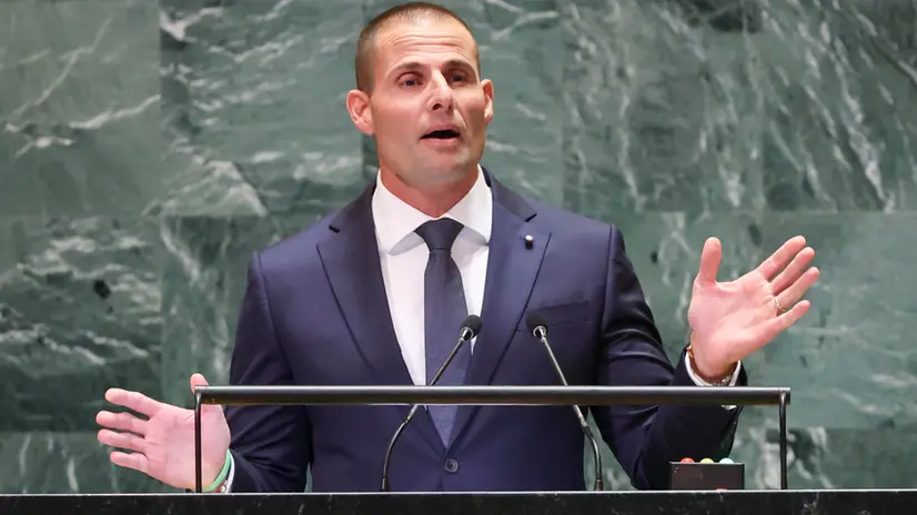 epa11629060 Malta's Prime Minister Robert Abela speaks during the General Debate of the 79th session of the United Nations General Assembly at United Nations Headquarters in New York, New York, USA, 27 September 2024. The annual high-level General Debate gathers world leaders from 24 to 28 September, and 30 September under the theme, 'Leaving no one behind: acting together for the advancement of peace, sustainable development and human dignity for present and future generations'. EPA/SARAH YENESEL
