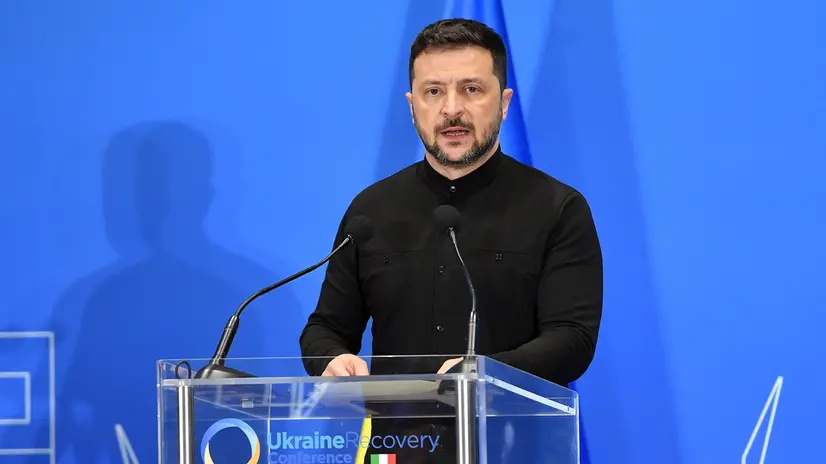 The president of Ukraine Volodymyr Zelensky during the Conference for the Reconstruction of Ukraine, at the La Nuvola Conference Center, Rome, 10 July 2025 ANSA/FABIO CIMAGLIA