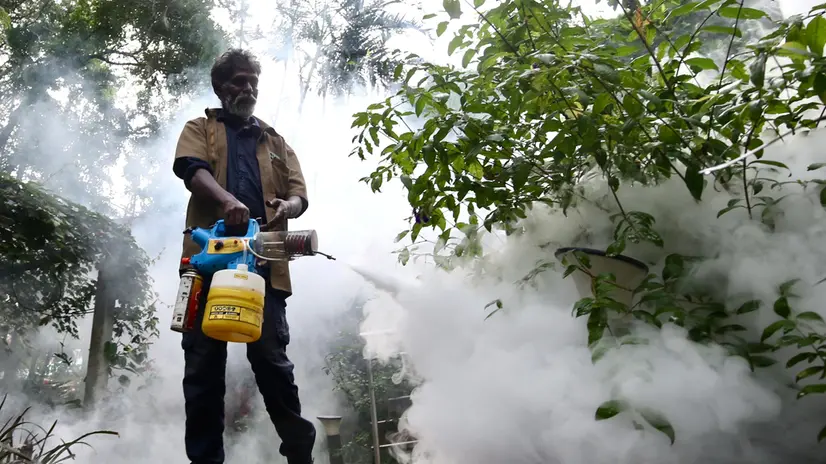 epa10842094 Indian Bruhat Bangalore Mahanagara Palike (BBMP) civic administration worker uses a fogging machine during a fumigation operation to eradicate the mosquito menace in Bangalore, India, 05 September 2023. Mosquitos carrying deadly diseases including Malaria, Dengue fever and the West Nile virus often spread across the country. According to BBMP report, the Karnataka state recorded 4,013 dengue cases while 2,065 cases were recorded in the city. EPA/JAGADEESH NV