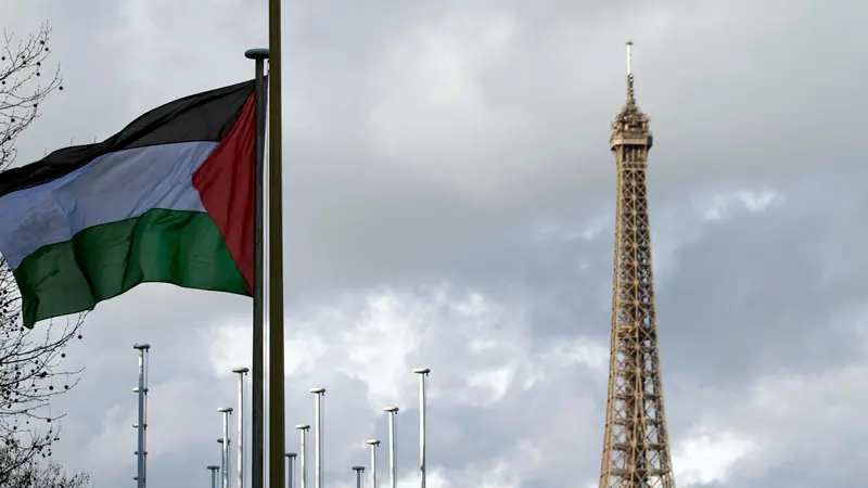 La bandiera palestinese e la tour Eiffel - Foto Ansa/Afp/Joël Saget © www.giornaledibrescia.it