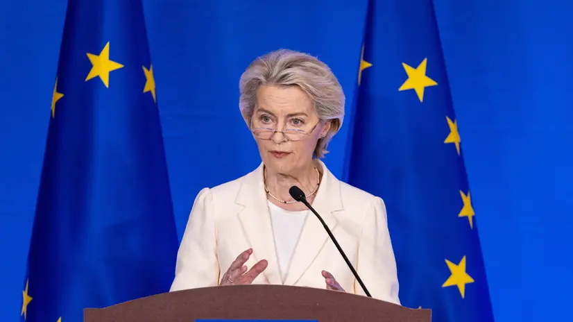 epa12258641 President of the European Commission Ursula von der Leyen speaks at a press conference at the EU Delegation to China, in Beijing, China, 24 July 2025. The conference was on their earlier meeting with Chinese President Xi Jinping. EPA/JESSICA LEE