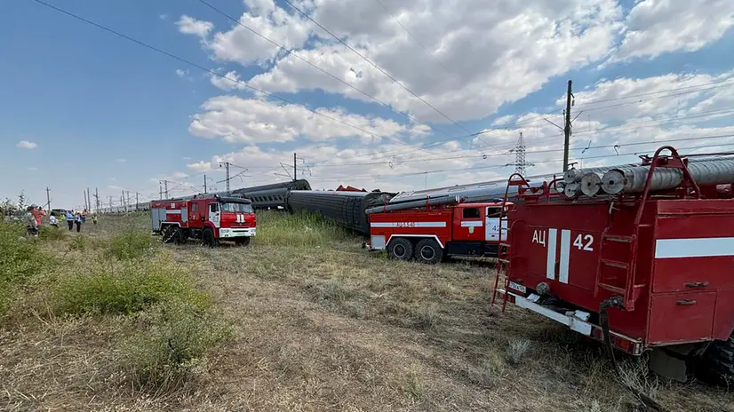 epa11507420 A handout photo made available by the Head of the Kotelnikovsky Municipal District of the Volgograd Region Sergey Ponkratov via Telegram shows derailed carriages of a passenger train after a collision with a truck in the Volgograd Region, Russia, 29 July 2024. According to the regional task force and the regional health department, 52 people were injured in the train accident. Currently, 21 people are receiving medical care in the Kotelnikovsky Central District Hospital, 10 of them are children. EPA/HEAD OF KOTELNIKOVSKY MUNICIPAL DISTRICT HANDOUT HANDOUT EDITORIAL USE ONLY/NO SALES