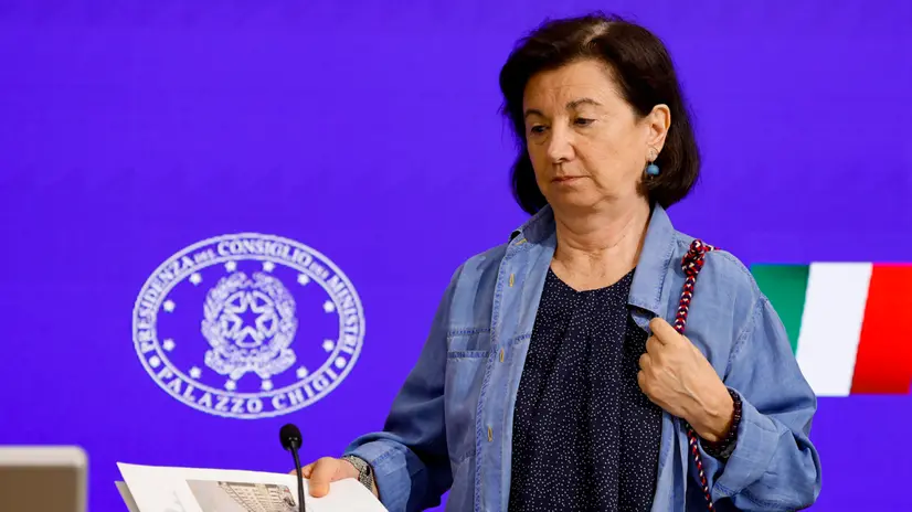 Eugenia Maria Roccella, ministra per le pari opportunita’ e la famiglia durante una conferenza stampa al termine del consiglio dei ministri, Roma 24 luglio 2025. ANSA/FABIO FRUSTACI