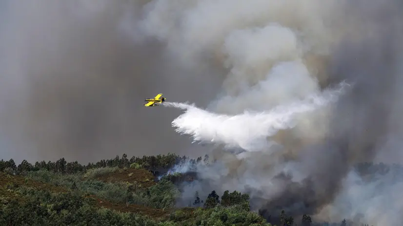 epa12273201 A firefighting airplane drops water during a forest fire in Santa Eulalia, Arouca, Portugal, 30 July 2025. The fire that has been raging in Arouca, in the district of Aveiro, has three active fronts and has already reached the parish of Santa Eulalia, the local authority said. EPA/ESTELA SILVA