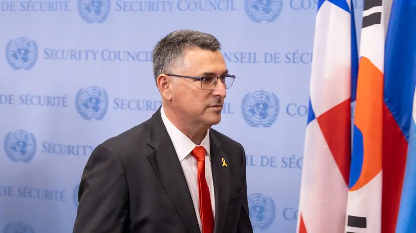 epa12285094 Israel’s Foreign Minister Gideon Sa'ar during a press conference before the start of a United Nations Security Council meeting on the conflict between Israel and Hamas at United Nations headquarters in New York, New York, USA, 05 August 2025. EPA/JUSTIN LANE