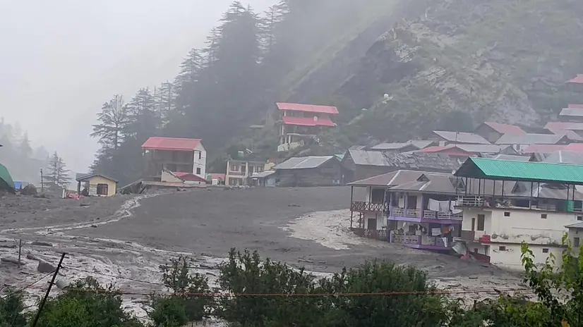 epa12284208 A handout photo made available by the State Disaster Response Force (SDRF) Uttarkashi shows damage after a cloudburst triggered a mudslide near Harsil, Uttarkashi, Uttarakhand, northern India, 05 August 2025. State officials said a powerful cloudburst struck the Dharali area of Uttarkashi district in Uttarakhand triggering flash floods that swept away a village and left several people missing. EPA/STATE DISASTER RESPONSE FORCE UTTARKASHI HANDOUT -- MANDATORY CREDIT -- HANDOUT EDITORIAL USE ONLY/NO SALES/NO ARCHIVES