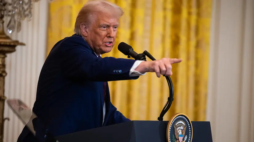 epa11894673 US President Donald Trump speaks during a press conference with India Prime Minister Narendra Modi (not pictured), in the East Room of the White House in Washington, DC, USA, 13 February 2025. EPA/FRANCIS CHUNG / POOL