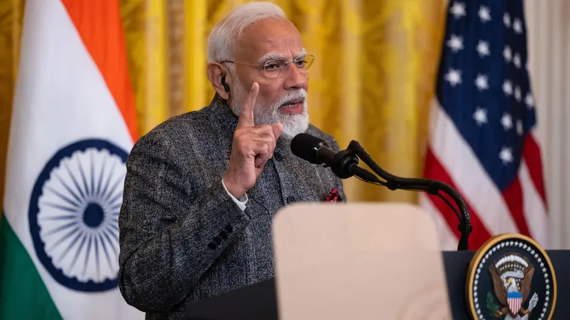 epa11894672 India Prime Minister Narendra Modi speaks during a press conference with US President Donald Trump (not pictured), in the East Room of the White House in Washington, DC, USA, 13 February 2025. EPA/FRANCIS CHUNG / POOL