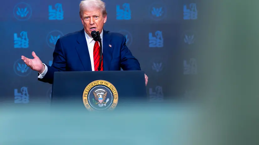 epa12285254 US President Donald J. Trump responds to a question from the news media following the signing of an executive order to establish an Olympic task force at the White House in Washington, DC, USA 05 August 2025. President Trump established a 2028 Los Angeles Olympic Games task force to ensure the event is “safe, seamless and historically successful.” EPA/SHAWN THEW