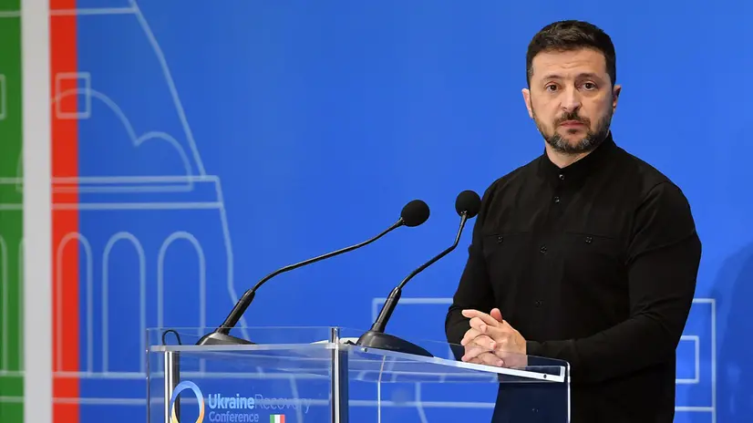 The president of Ukraine Volodymyr Zelensky during the Conference for the Reconstruction of Ukraine, at the La Nuvola Conference Center, Rome, 10 July 2025 ANSA/FABIO CIMAGLIA