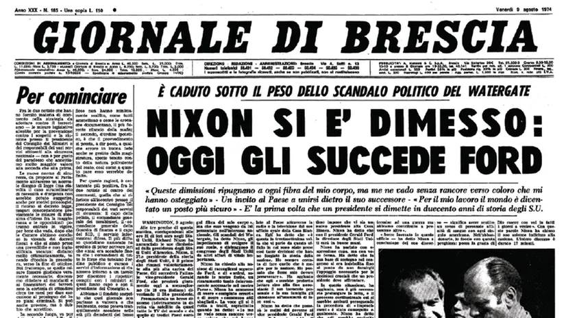 La prima pagina del GdB che parlava delle dimissioni di Nixon - © www.giornaledibrescia.it