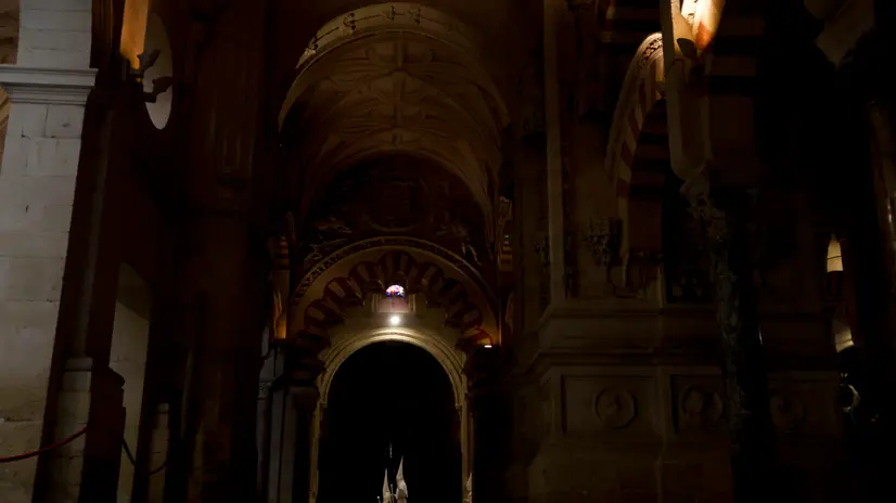 epa12029334 Penitents of the Brotherhood of the Triumphal Entry 'La Borriquita' are seen inside the Mosque-Cathedral of Cordoba ahead of the Palm Sunday procession in Cordoba, Spain, 13 April 2025. EPA/SALAS