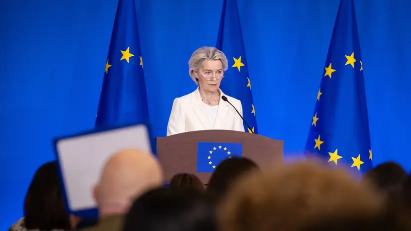 epa12258654 President of the European Commission Ursula von der Leyen speaks at a press conference at the EU Delegation to China, in Beijing, China, 24 July 2025. The conference was on their earlier meeting with Chinese President Xi Jinping. EPA/JESSICA LEE