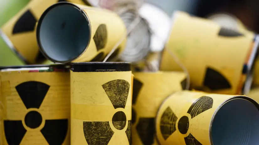 epa10299669 Cans with radiation warning symbols are part of a staged protest in front of the German parliament â€˜Bundestagâ€™ in Berlin, Germany, 11 November 2022. The protest was organized by the organization International Physicians for the Prevention of Nuclear War (IPPNW). EPA/CLEMENS BILAN