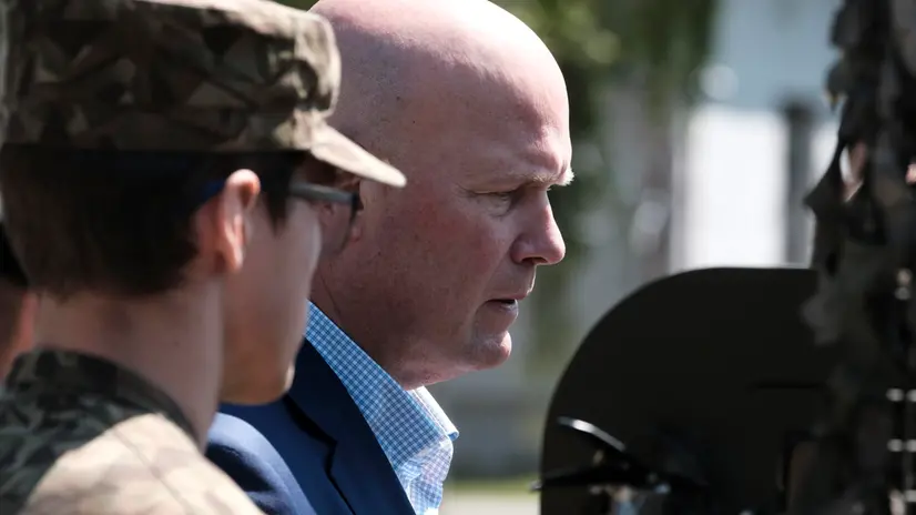 epa12176987 U.S. Ambassador to NATO Matthew G. Whitaker (R) reacts during his to Adazi Military Base, Latvia, 15 June 2025. Ambassador Matthew Whitaker visited Latvia to discuss preparations for the NATO Summit in The Hague (24Ã26 June) and U.S.ÃLatvia cooperation in security and defence. He also visited Adazi Military Base to meet U.S. troops and NATO Multinational Brigade personnel. EPA/VALDA KALNINA