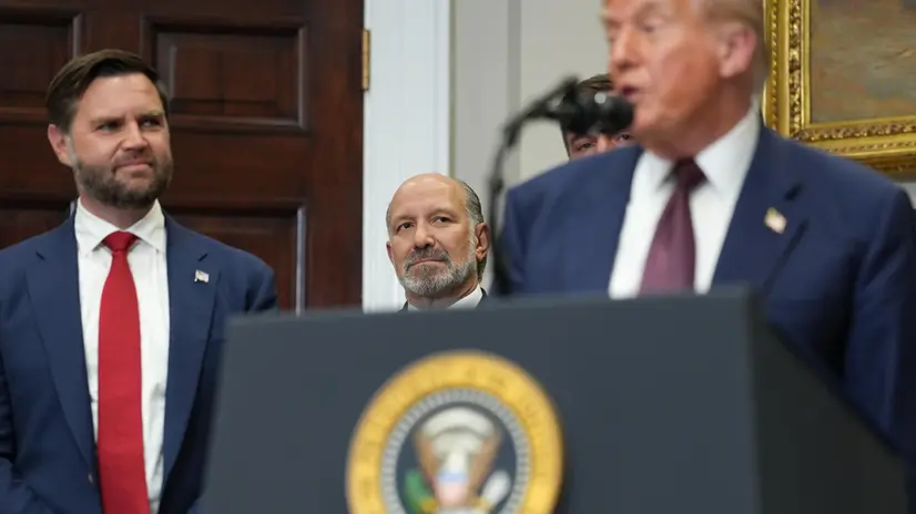 epa12275895 (L-R) US Vice President JD Vance, and US Commerce Secretary, Howard Lutnick, look on as US President Donald Trump speaks during an executive order signing ceremony in the Roosevelt Room of the White House in Washington, DC, USA, 31 July 2025. The order will formally reestablish the Presidential Fitness Test, creating school-based programs that reward excellence in physical education. EPA/ERIC LEE / POOL