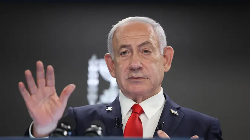 epa12292358 Israeli Prime Minister Benjamin Netanyahu speaks during a press conference at the prime minister’s office in Jerusalem, Israel, 10 August 2025. EPA/ABIR SULTAN / POOL