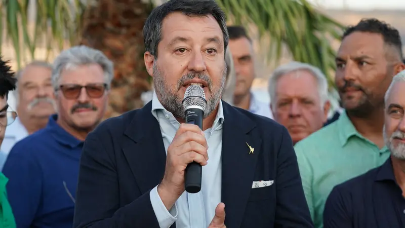 Il ministro dei Trasporti e delle Infrastrutture Matteo Salvini a Messina per partecipare al direttivo regionale straordinario della Lega. Messina, 6 agosto 2025. ANSA/CARMELO IMBESI