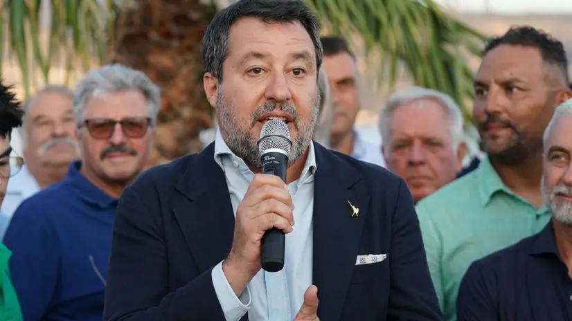 Il ministro dei Trasporti e delle Infrastrutture Matteo Salvini a Messina per partecipare al direttivo regionale straordinario della Lega. Messina, 6 agosto 2025. ANSA/CARMELO IMBESI