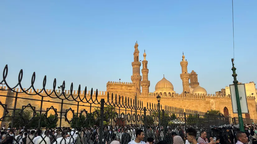 epa12159429 Muslims arrive for a Eid Al-Adha prayer service at the Al Azhar mosque in Cairo, Egypt, 06 June 2025. Eid al-Adha is the holiest of the two major Muslim holidays celebrated annually. It marks the yearly Muslim pilgrimage (Hajj) to visit Mecca, the most sacred place in Islam. Muslims slaughter a sacrificial animal and split the meat into three parts: one for the family, one for friends and relatives, and one for the poor and needy. EPA/Mohamed Hossam
